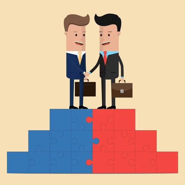 Affärsmän skakar hand på en puzzle pyramid. Vektorillustration — Stock vektor