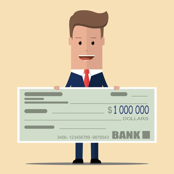 Feliz hombre de negocios mantiene el cheque con una gran suma. El empresario ganó la lotería. Vector, ilustración — Vector de stock