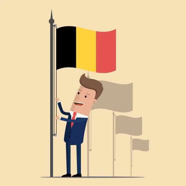Uomo in giacca e cravatta, uomo d'affari che alza bandiera del Belgio. Illustrazione vettoriale — Vettoriale Stock