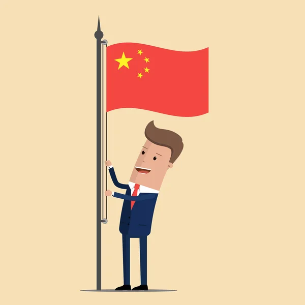 Uomo in giacca e cravatta, uomo d'affari che alza bandiera cinese. Illustrazione vettoriale — Vettoriale Stock