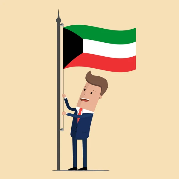 Людина в костюмі, бізнесмен, підвищення розмахував прапором Кувейту. Векторні ілюстрації — стоковий вектор