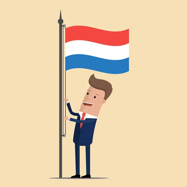 Человек в костюме, бизнесмен, поднимающий флаг Нидерландов. Векторная иллюстрация — стоковый вектор