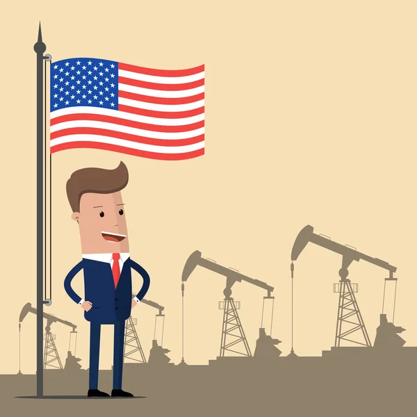 Koncept průmyslu ropy. Hrdý, podnikatel nebo politik pod americkou vlajkou na pozadí olejová čerpadla. Vektorové ilustrace — Stockový vektor