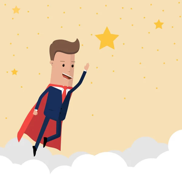 Super hombre de negocios volando alto para alcanzar la estrella del éxito en el cielo. Ilustración vectorial — Vector de stock