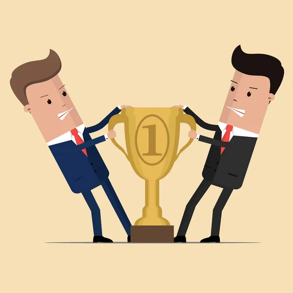 Δύο επιχειρηματιών που πολεμούν μεταξύ τους για το βραβείο της νίκης. Θυμωμένος ανταγωνιστικών υπάλληλοι γραφείου τράβηγμα χρυσό βραβείο ή τρόπαιο. Εικονογράφηση διάνυσμα — Διανυσματικό Αρχείο