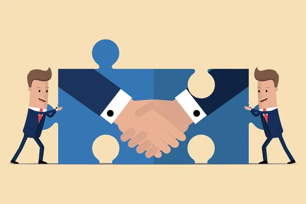 Zwei Geschäftsleute halten Puzzleteile mit Handschlag in der Hand. Partnerschaftskonzept. Symbol für eine erfolgreiche Transaktion. Vektorillustration — Stockvektor
