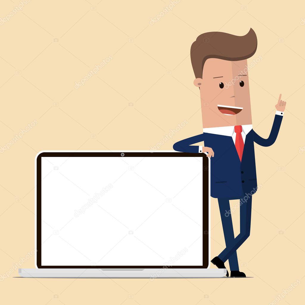 Businessman is standing next to a laptop. Vector illustration
