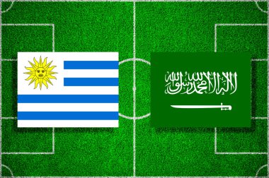 Uruguay - Suudi Arabistan futbol sahasına bayrak. Futbol maçı