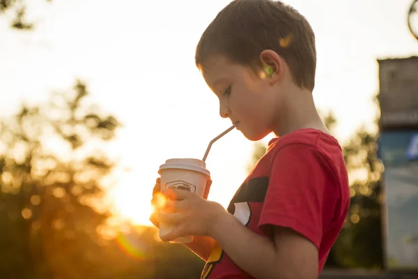Anak itu minum coklat atau soda dalam cangkir dengan tabung di latar belakang matahari terbenam. Siluet seorang anak laki-laki minum saat matahari terbenam — Stok Foto