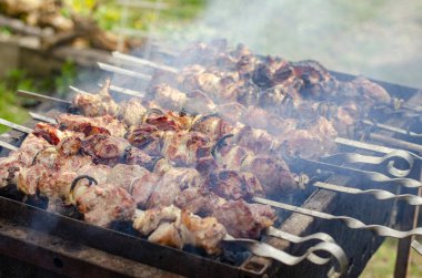 Kömür üzerinde barbekü ızgara üzerinde duman ile Et. Metal şiş üzerinde et ızgara küpler. Şişteki et ateşte kavrulur