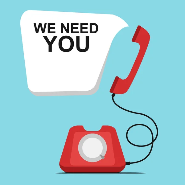 Nous avons besoin de vous dans la bulle de parole avec téléphone rétro sur fond bleu. Illustration vectorielle — Image vectorielle