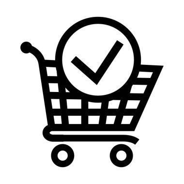 Black shopping cart with check mark icon on white background. Shopping cart and check mark icon vector completed order. Vector Illustration