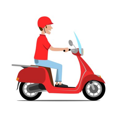Adam motosiklete biniyor. Adam motosiklet sürüyor. Gülümseyen mutlu adam scooter kullanıyor. Vektör illüstrasyonu.