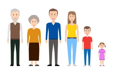Büyük aile üyeleri. Baba, anne, kız kardeş, erkek kardeş, büyükbaba, büyükanne. Vektör illüstrasyonu