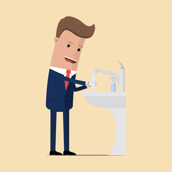 流しの中で手を洗う スーツの男は石鹸 ハンドジェル 水で蛇口の下で手を洗う ウイルス対策 ベクターイラスト — ストックベクタ