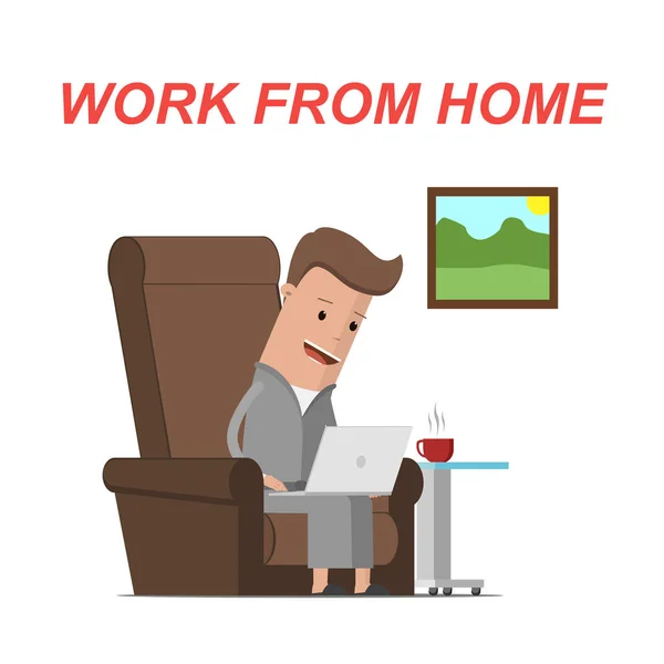 Δουλεύοντας Από Σπίτι Άντρας Φορητό Υπολογιστή Στην Πολυθρόνα Στο Σπίτι — Διανυσματικό Αρχείο