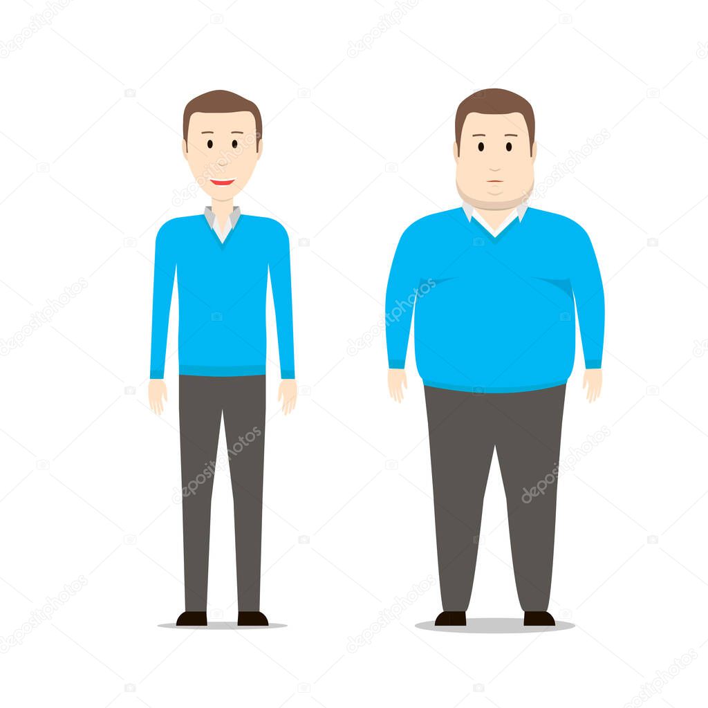 Fat and slim man before and after weight loss. Diet and fitness. Thin and fat. Obesity. From fat to thin. Before and after. Vector Illustration.