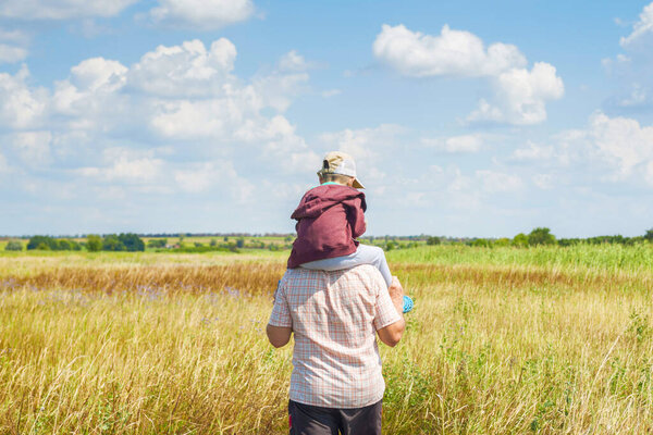 Happy kid sits on the father shoulders and they walk on the field. People resting together on the nature. Relationship concept.