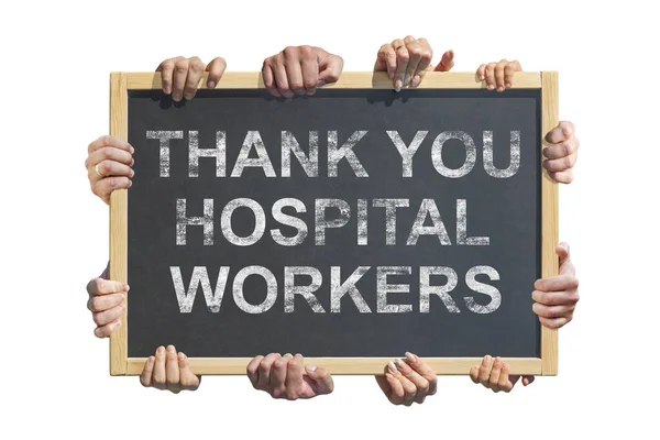 Viele Hände Halten Ein Plakat Mit Der Aufschrift Danke Krankenhaus — Stockfoto