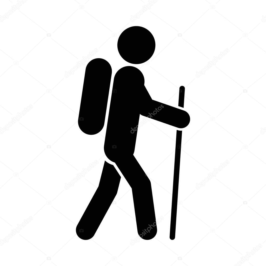 Hiking icon on white background. Man travels with backpack and stick. Vector illustration.