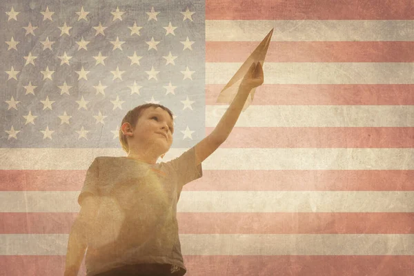 Little Boy Launches Paper Plane Air Flag America Background Child — Stock Photo, Image