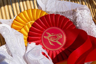 Award rosettes in equestrian sport with red and yellow colors clipart