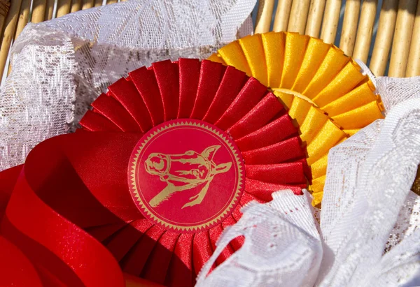 Award rosettes in equestrian sport, red and yellow. Prize ribbons for horse show, champion competition.