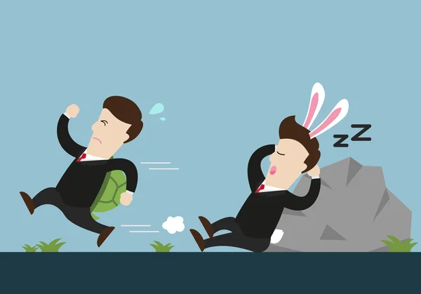 Homem de negócios Tartaruga está correndo e coelho um está dormindo em competição . —  Vetores de Stock