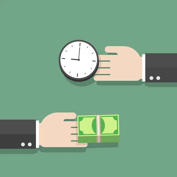 Biznesmen ręki wymiany czas i pieniądze do siebie — Wektor stockowy