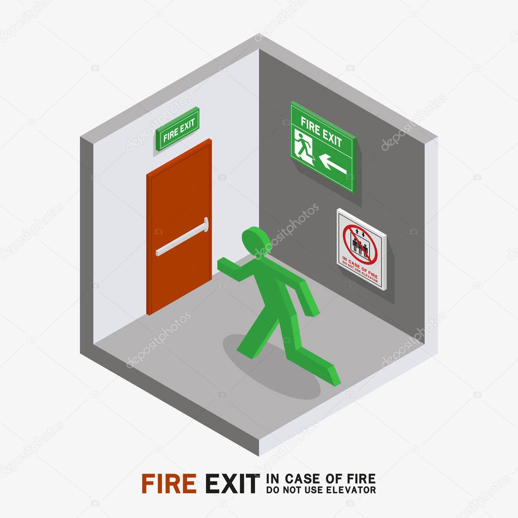 man sign run to fire exit isometric