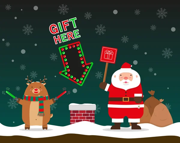 Schattig vet grote Santa Claus en rendieren signaal cadeau te sturen aan chi — Stockvector