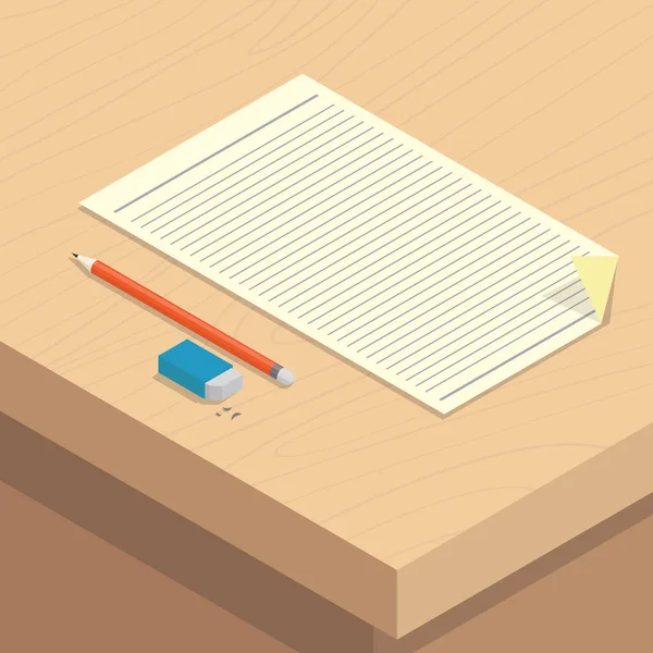 Papier crayon caoutchouc stationnaire sur bureau isométrique — Image vectorielle