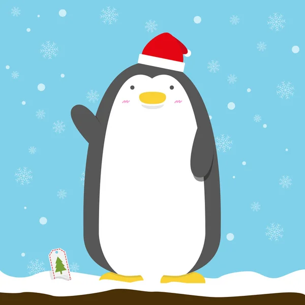 Милый большой толстый пингвин носить рождественскую шляпу стоя — стоковый вектор