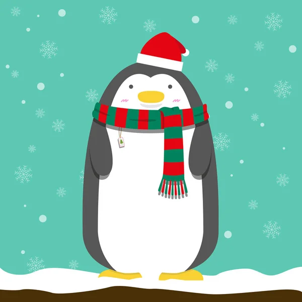 Cute big fat penguin wear christmas hat and scarf — Stock Vector