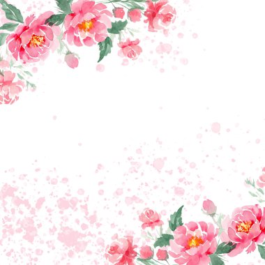 Beyaz arka planda pembe şakayıklı suluboya resim. Üzerinde 