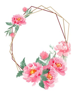 Beyaz arka planda suluboya pembe şakayıklardan yapılmış altıgen çerçeve. Davetiyeleri, kartvizitleri, kartvizitleri, el ilanlarını, afişleri süslemek için kullanabilirsiniz.