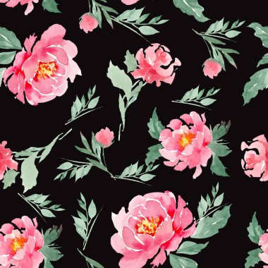 Siyah arka planda kusursuz suluboya pembe şakayıklar. Arka planda, kumaşta ve kağıtta parmak izleri için kullanılabilir..