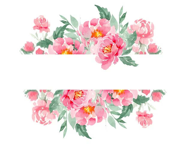 Acuarela ramo de peonías rosadas con una franja blanca horizontal para la inscripción sobre un fondo blanco aislado. Para crear tarjetas, invitaciones, etiquetas . —  Fotos de Stock