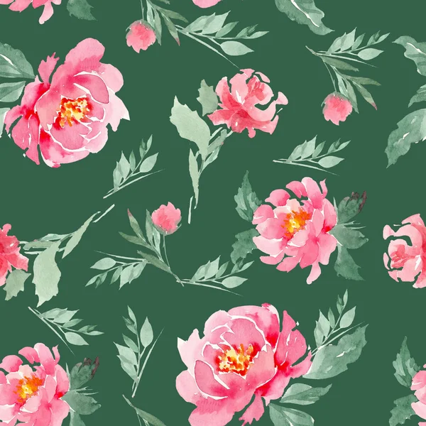 緑の背景に水彩ピンクの牡丹のシームレスなパターン。背景、布のプリント、紙などに使用できます。. — ストック写真