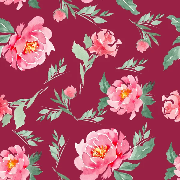 Płynny wzór akwarelowych różowych piwonii na bardowym tle. Może być stosowany do tła, nadruków na tkaninie, papierze. — Zdjęcie stockowe