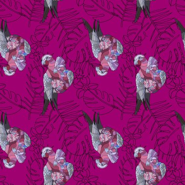 Pembe arka planda şekillendirilmiş pembe papağanlar kusursuz desenler.