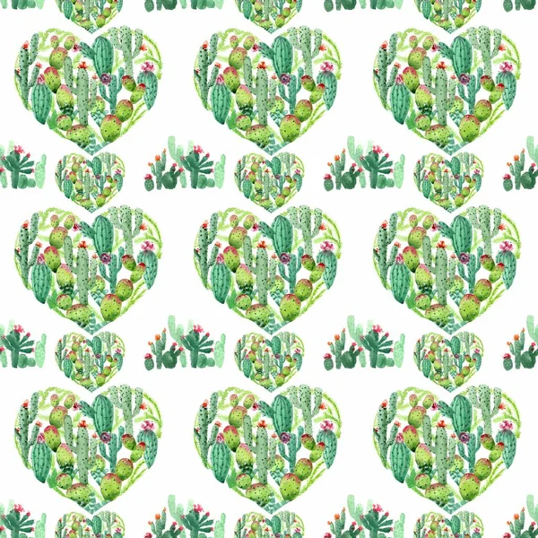 Безшовний Візерунок Акварельних Ескізів Зелених Кактусів Рожевими Квітами Серця Білому — стокове фото