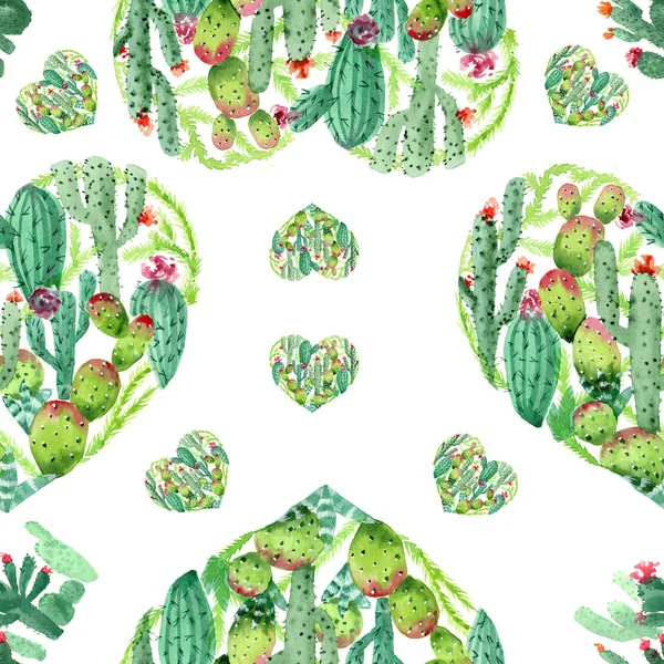 Безшовний Візерунок Акварельних Ескізів Зелених Кактусів Рожевими Квітами Серця Білому — стокове фото