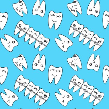 Mavi arka planda farklı duyguları olan sevimli beyaz dişler. Kusursuz desen