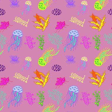 Denizanası ve mercanlar, yosunlar, su altı dünyası desenleri. Arkaplan için kullan, kumaş, kağıt vs. üzerindeki baskılar.