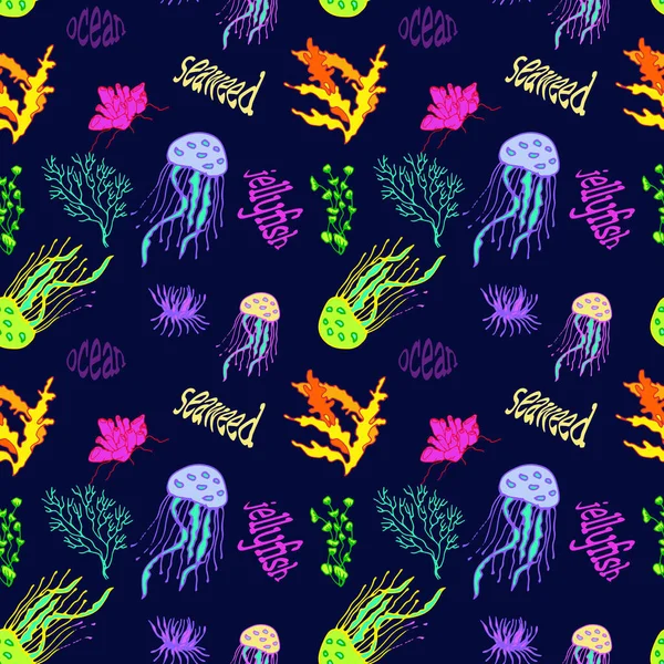 Underwater World Seamless Pattern Jellyfish Corals Algae Use Backgrounds Prints — Stock Vector