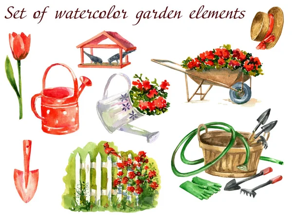 Akvarelové Náčrtky Zahradních Prvků Izolovaném Bílém Pozadí Jako Červená Zavlažovací — Stock fotografie