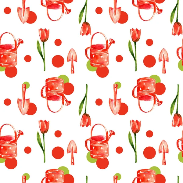 赤い散水缶 フラワーカート ガーデンツール チューリップなどの孤立した白い背景に庭の要素の水彩画のスケッチ シームレスなパターン — ストック写真