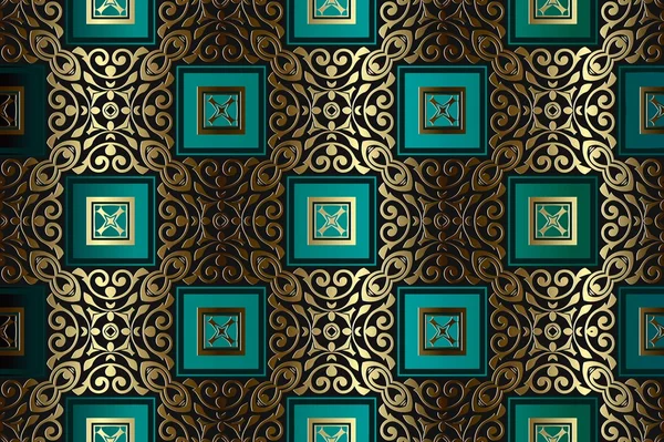 Abstracto patrón floral calado oro sin costuras sobre un fondo victoriano oscuro con elementos de decoración cuadrados verdes — Archivo Imágenes Vectoriales