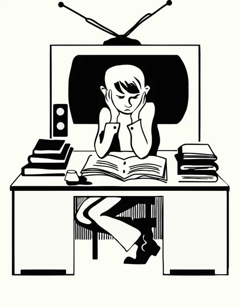 Διανυσματικό σκίτσο του μαθητή ενός αγοριού που κάθεται στο τραπέζι με βιβλία στο παρασκήνιο ρετρό τηλεόραση — Διανυσματικό Αρχείο